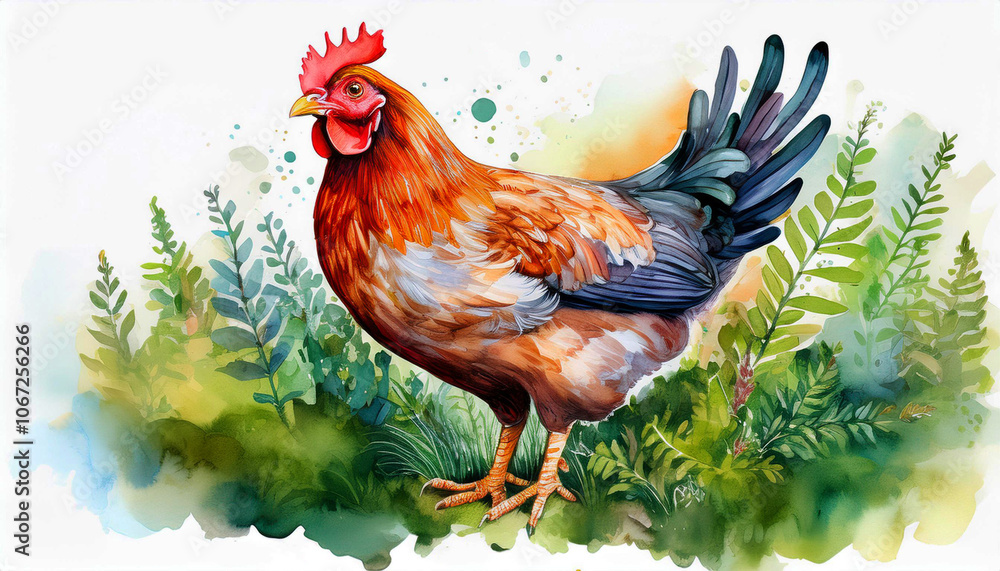 Fototapeta premium a colorful free-range chicken surrounded by lush greenery and vibrant flowers, beauty of nature and farm life, ideal for projects related to agriculture, sustainable farming, Farm animal art