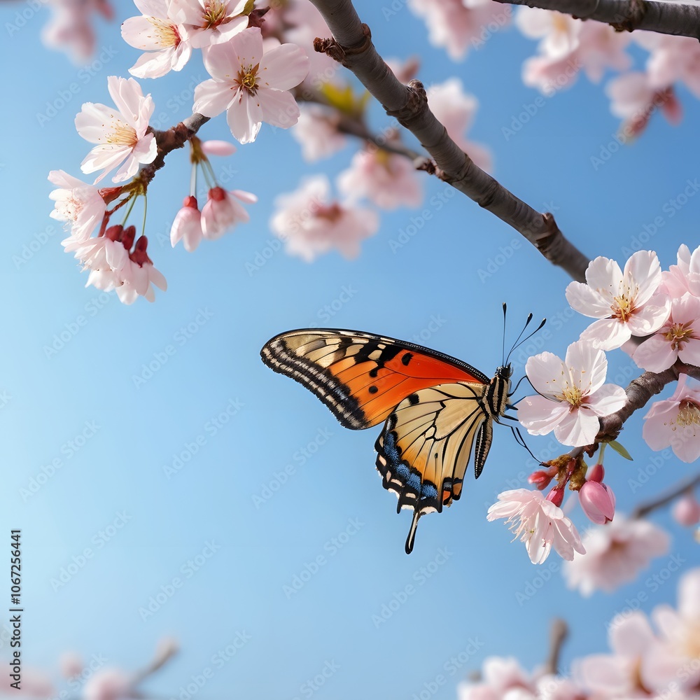 A Beautiful Butterfly Gently Landing on Cherry Blossoms, Representing the Delicate Balance of Nature and Seasonal Transitions in Springtime Settings A Beautiful Butterfly Gently Landing on Cherry Blossoms, Representing the Delicate Balance of Nature and Seasonal Transitions in Springtime Settings