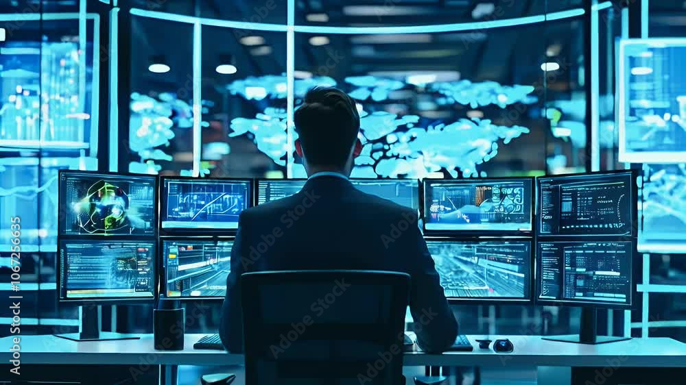 Cybersecurity Specialist Monitoring Data on Multiple Screens - Realistic Image Cybersecurity Specialist Monitoring Data on Multiple Screens - Realistic Image