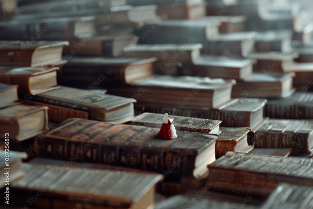 A miniature red-robed figure explores towering books, evoking a sense of discovery and adventure in a literary universe. A miniature red-robed figure explores towering books, evoking a sense of discovery and adventure in a literary universe.