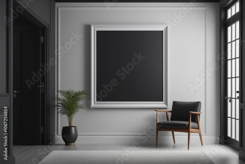 A blank picture-frame mock-up on a wall at the end of hallway, black and white tones, horizontal composition