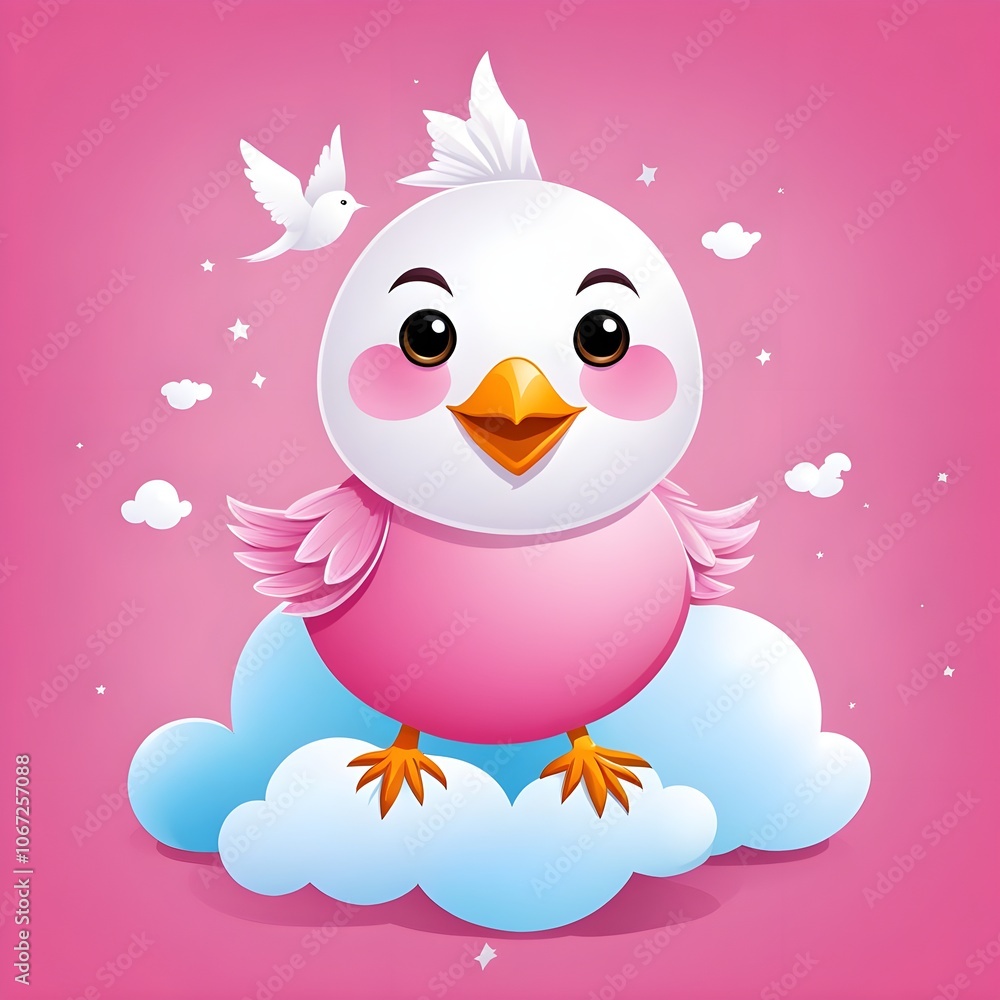 cartoon bird sitting on a cloud illustration. pink background