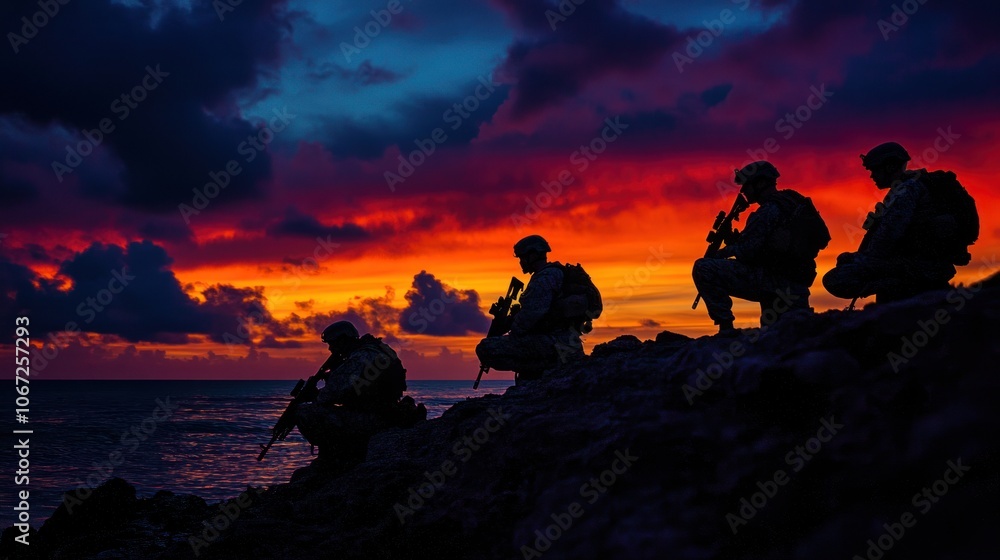Silhouette at Sunrise - SEALs silhouetted at sunrise, their forms standing strong against the vibrant colors of dawn. Silhouette at Sunrise - SEALs silhouetted at sunrise, their forms standing strong against the vibrant colors of dawn.