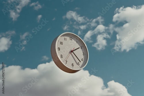 A clock appears to float against a backdrop of a clear blue sky dotted with fluffy clouds.
