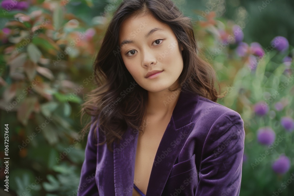 A woman in a rich purple velvet blazer gazes softly into the camera, surrounded by vibrant foliage, embodying a serene and contemplative mood. A woman in a rich purple velvet blazer gazes softly into the camera, surrounded by vibrant foliage, embodying a serene and contemplative mood.