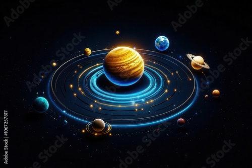Colorful planetary system with vibrant planets and stars on a dark background.