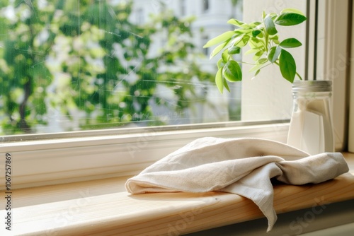 Sunlit windowsill adorned with a leafy green plant and jar, casting soft shadows and basking in vibrant natural light, reflecting peaceful simplicity. photo