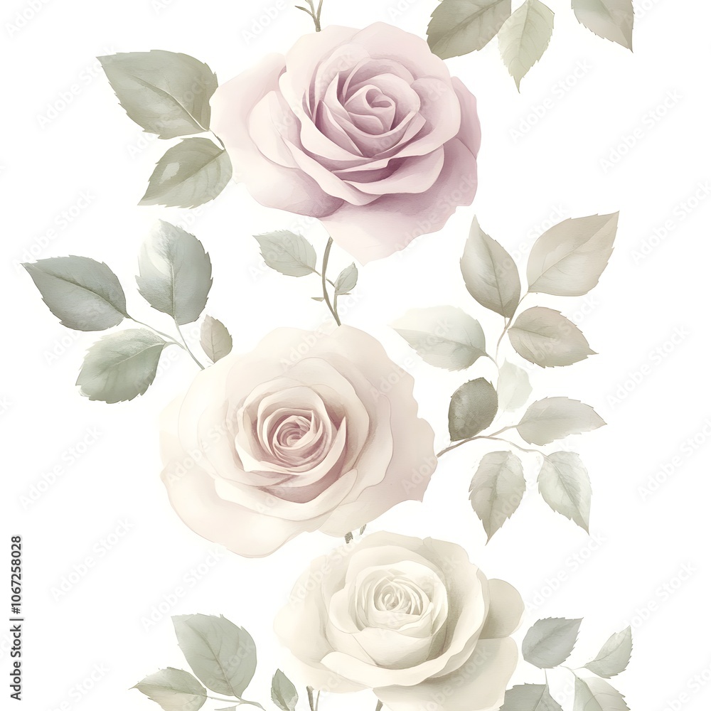 A delicate illustration of three soft-colored roses with leaves on a white background. A delicate illustration of three soft-colored roses with leaves on a white background.