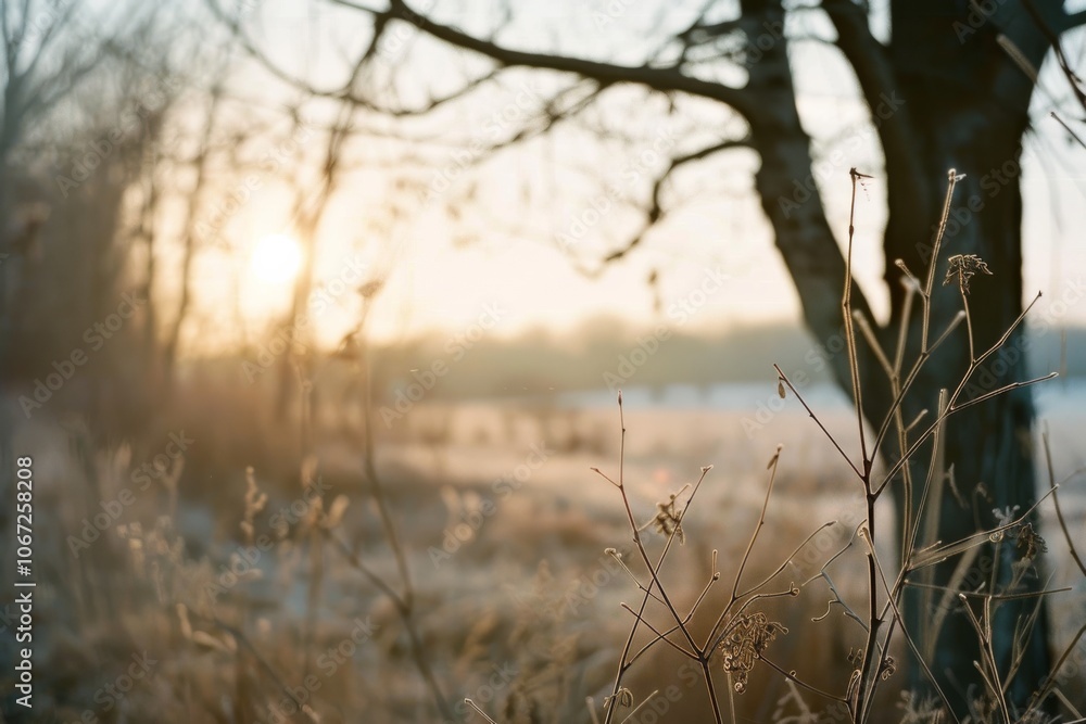 Fototapeta premium Sunlight filters through tree silhouettes onto a field of frosty grasses, painting a serene landscape in hues of dawn.