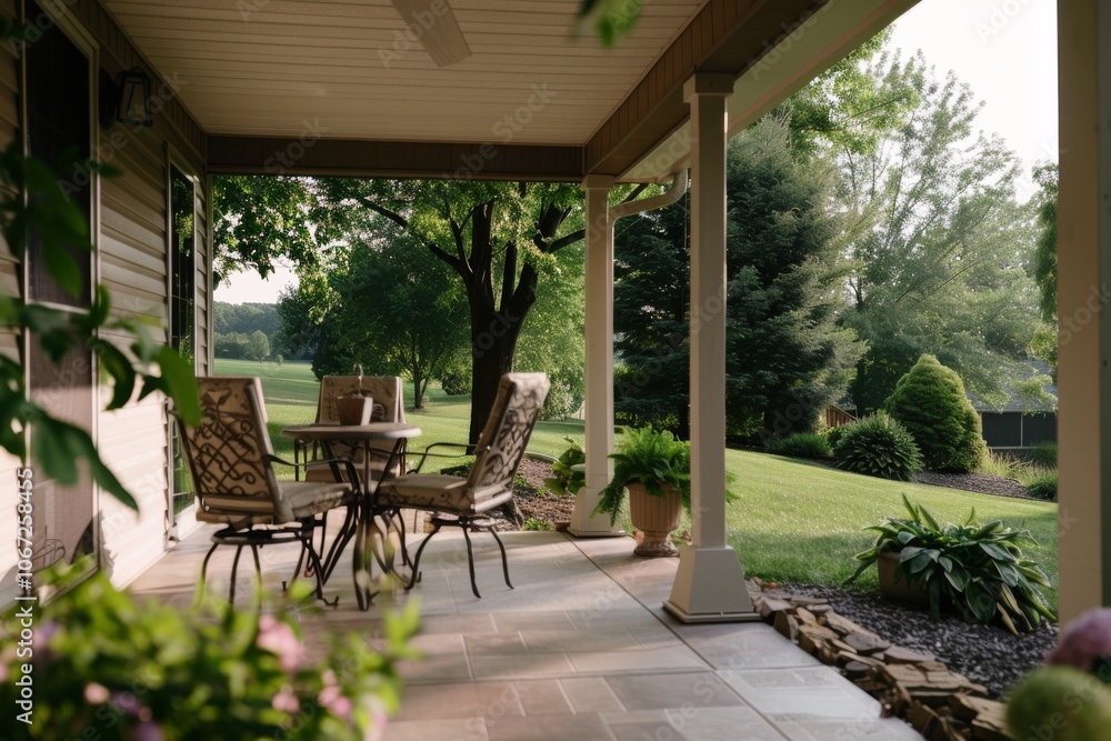 Obraz premium A shaded porch adorned with elegant outdoor furniture overlooks a lush landscape, offering a place of peace and contemplation amidst nature's beauty.