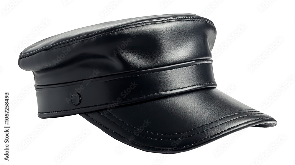 Black leather cap sleek shiny texture classic design stylish accessory versatile headwear fashion statement trendy. Isolated on white background or PNG Black leather cap sleek shiny texture classic design stylish accessory versatile headwear fashion statement trendy. Isolated on white background or PNG