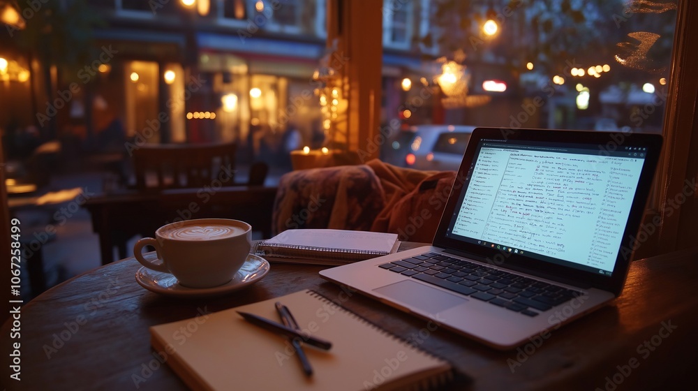language student practicing vocabulary on a laptop in a cozy cafe, with a notebook, pen, and cup of coffee language student practicing vocabulary on a laptop in a cozy cafe, with a notebook, pen, and cup of coffee
