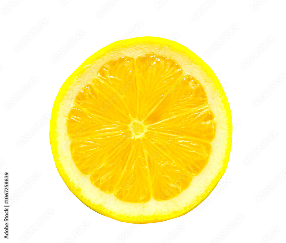 Fresh juicy lemon slice isolated on a white background showing vibrant yellow color and citrus texture for a healthy organic look Fresh juicy lemon slice isolated on a white background showing vibrant yellow color and citrus texture for a healthy organic look