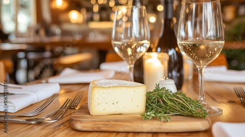 Elegant Dining Setup with Cheese, Wine, and Candlelit Ambiance in Cozy Restaurant. photo