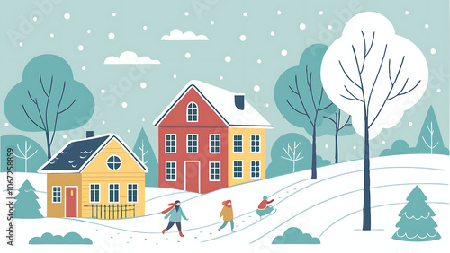 Snowy winter village scene with people and houses vector illustration.