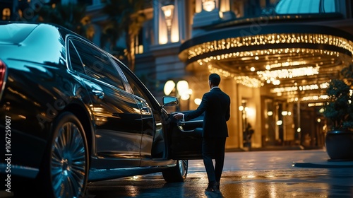 chauffeur service driver holding open the door of a sleek black limousine for a client