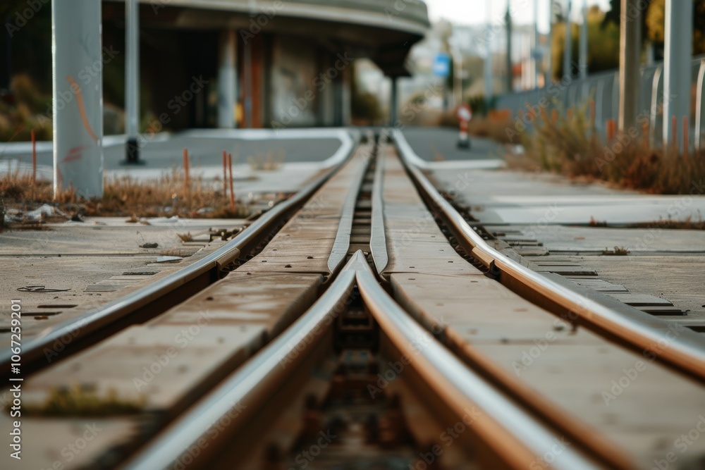 Train tracks converge into the distance, framed by industrial elements, symbolizing travel and the passage of time. Train tracks converge into the distance, framed by industrial elements, symbolizing travel and the passage of time.
