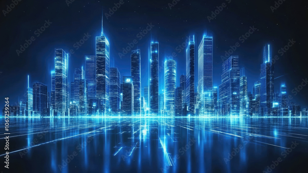 A glowing blue digital city model with futuristic holographic buildings A glowing blue digital city model with futuristic holographic buildings