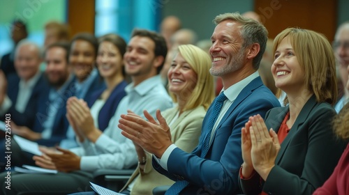 Applauding people. Happy satisfied audience joyfully applauding during business conference or seminar.