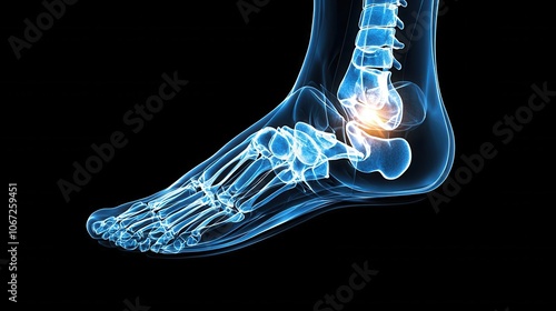 Detailed X-ray image of a human foot showcasing bones and joints clearly against a dark background. photo