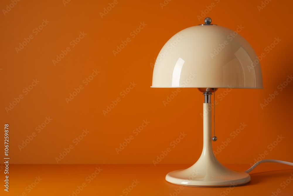 A sleek retro lamp with a dome-shaped shade casts a soft glow against an orange background, creating a warm, inviting atmosphere. A sleek retro lamp with a dome-shaped shade casts a soft glow against an orange background, creating a warm, inviting atmosphere.