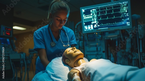 nursing student practicing patient care techniques on a medical dummy in a simulation lab