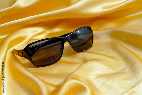 Black sunglasses rest on a bed of vibrant golden fabric, catching light and casting sleek reflections. photo