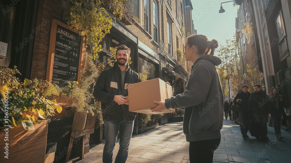 courier handing a customer a package with contactless delivery, both wearing masks courier handing a customer a package with contactless delivery, both wearing masks