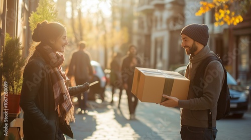 courier handing a customer a package with contactless delivery, both wearing masks