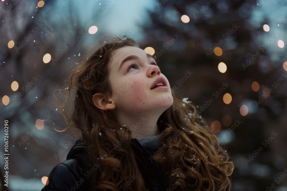 A young girl with curly hair gazes in awe at the softly falling snow under fairy lights, capturing a moment of wonder and enchantment. A young girl with curly hair gazes in awe at the softly falling snow under fairy lights, capturing a moment of wonder and enchantment.