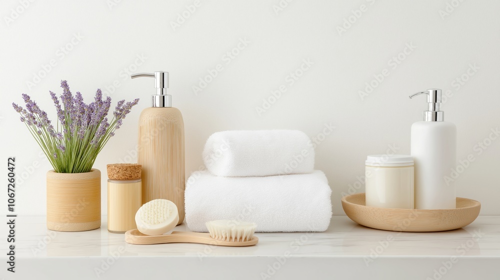 Spa and Wellness Products with Lavender on Marble Surface Spa and Wellness Products with Lavender on Marble Surface