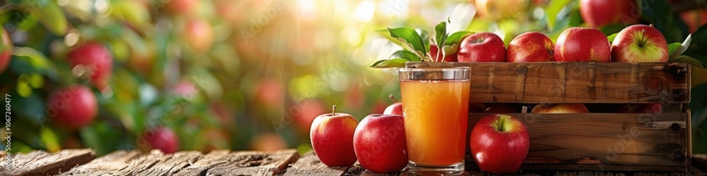 A rustic arrangement of freshly picked red apples and a glass of apple juice on a wooden table, highlighted by soft sunlight in a lush orchard.
A rustic arrangement of freshly picked red apples and a glass of apple juice on a wooden table, highlighted by soft sunlight in a lush orchard.