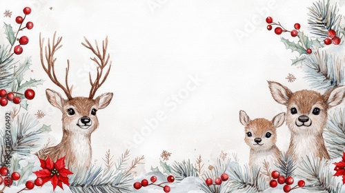Fototapeta Naklejka Na Ścianę i Meble -  A whimsical winter scene featuring a deer and two fawns surrounded by festive red berries and greenery.