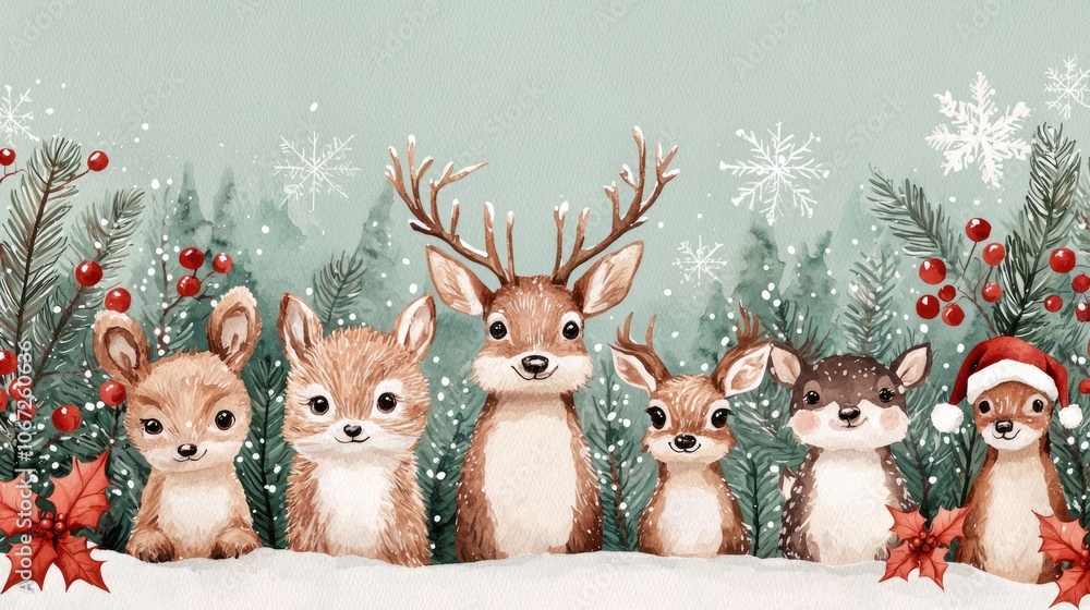 A charming illustration of adorable woodland animals, including a reindeer and rabbits, amid festive decorations and snowy trees, perfect for winter themes. A charming illustration of adorable woodland animals, including a reindeer and rabbits, amid festive decorations and snowy trees, perfect for winter themes.