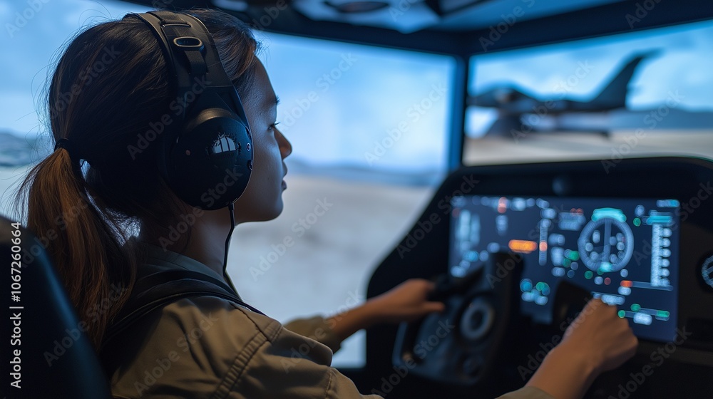 pilot trainee in a flight simulator, focused on the controls pilot trainee in a flight simulator, focused on the controls