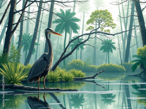A large bird is standing on a branch in a forest. The bird is a crane and is looking out over the water. The scene is peaceful and serene, with the bird being the focal point of the image
