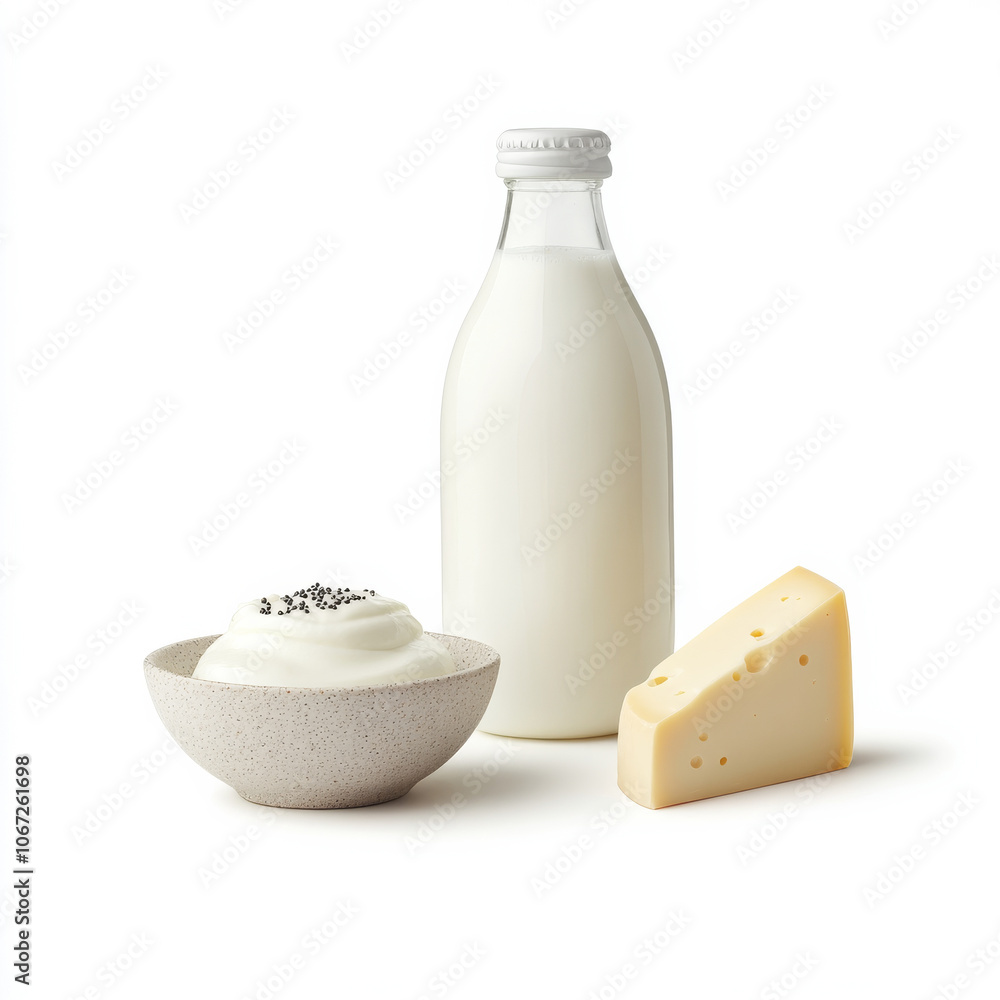 A trio of dairy products including a bottle of milk, a bowl of yogurt, and a small piece of cheese, isolated on a white background A trio of dairy products including a bottle of milk, a bowl of yogurt, and a small piece of cheese, isolated on a white background