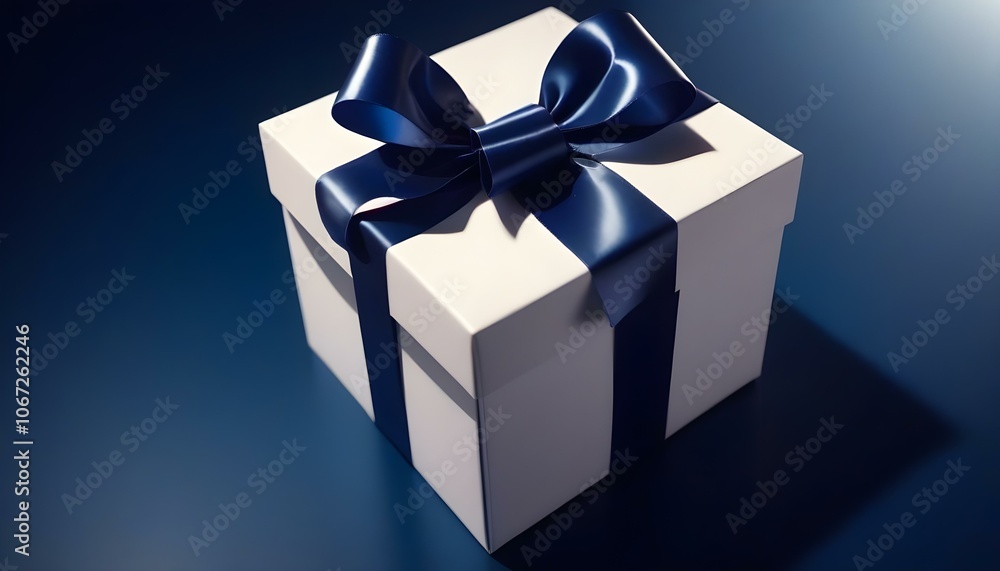 A white gift box with a shiny blue ribbon bow positioned on a rich navy blue background, creating a striking contrast. A white gift box with a shiny blue ribbon bow positioned on a rich navy blue background, creating a striking contrast.