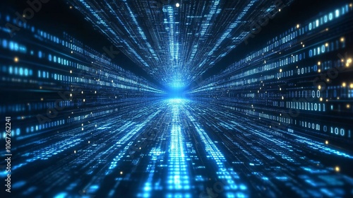 A futuristic image showcasing a tunnel of glowing blue data streams converging towards a bright center, evoking a sense of speed and technological advancement.