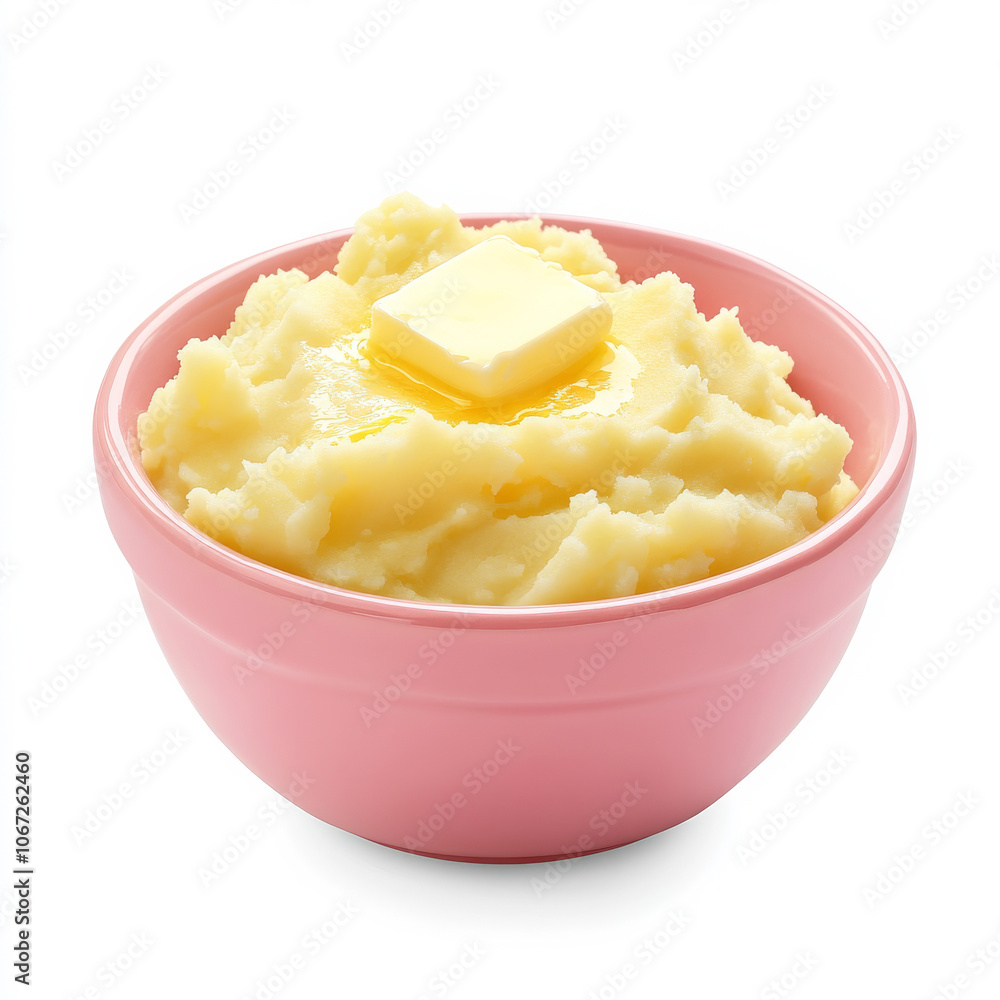 A bowl of creamy mashed potatoes with a dollop of butter, isolated on a white background, showcasing comfort food appeal A bowl of creamy mashed potatoes with a dollop of butter, isolated on a white background, showcasing comfort food appeal