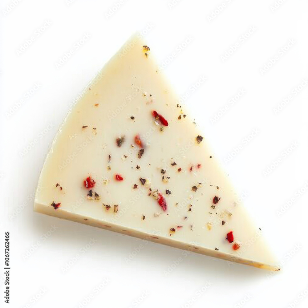 A creamy slice of pepper jack cheese with visible chili flecks, isolated on a white background for a zesty, flavorful appearance