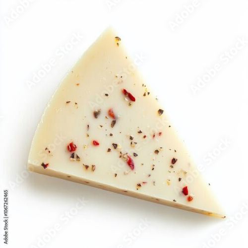 Obraz na płótnie A creamy slice of pepper jack cheese with visible chili flecks, isolated on a white background for a zesty, flavorful appearance w salonie