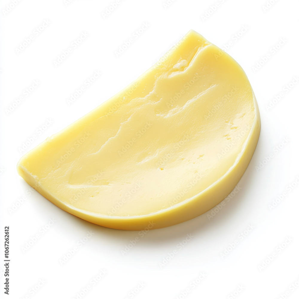 A slice of provolone cheese with a soft, creamy yellow color, isolated on a white background, showcasing a rich, mild appearance