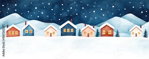 Snow-covered houses line a peaceful winter landscape under a starry night sky, creating a cozy holiday atmosphere.