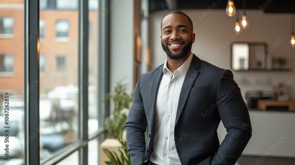 smiling real estate agent showing a modern apartment to prospective buyers, with large windows flooding the space with natural light, symbolizing personalized real estate services smiling real estate agent showing a modern apartment to prospective buyers, with large windows flooding the space with natural light, symbolizing personalized real estate services