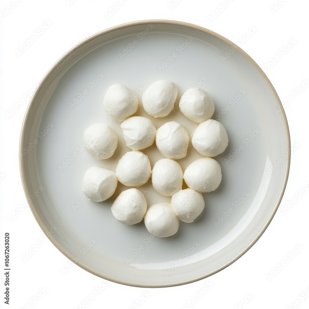 A spread of mozzarella balls arranged on a plate, isolated on a white background, with a soft, pillowy texture to emphasize freshness A spread of mozzarella balls arranged on a plate, isolated on a white background, with a soft, pillowy texture to emphasize freshness