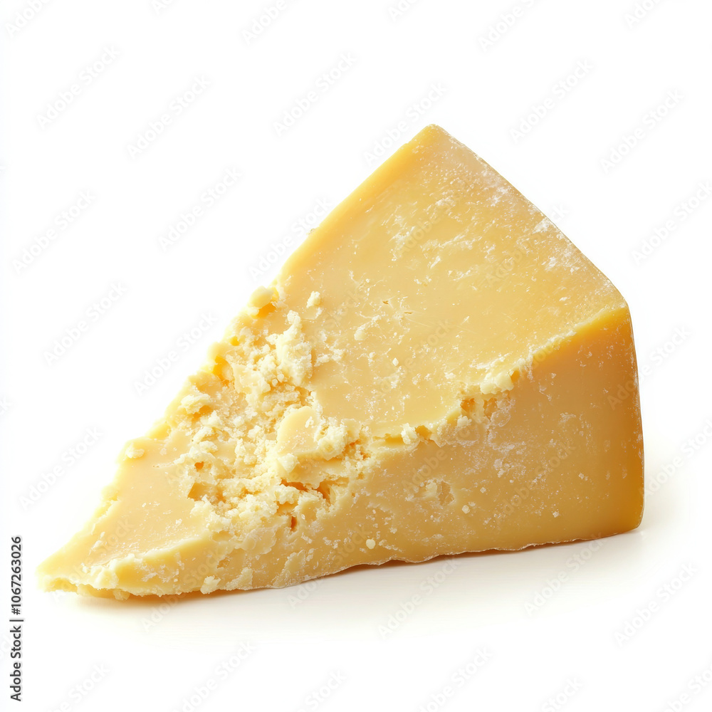A classic wedge of cheddar cheese with a rich, yellow color, showing its texture and crumbly edges, isolated on a white background A classic wedge of cheddar cheese with a rich, yellow color, showing its texture and crumbly edges, isolated on a white background