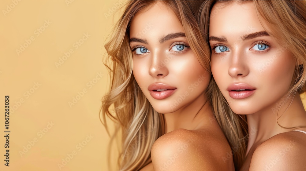 Stylish young woman with tanned skin and long hair on yellow background for beauty promotions Stylish young woman with tanned skin and long hair on yellow background for beauty promotions