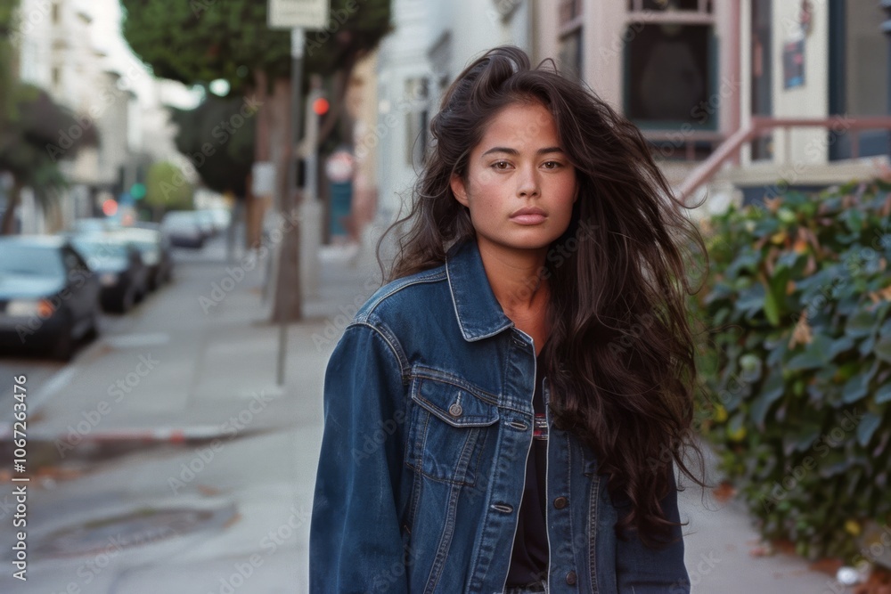 A young woman exudes confidence on an urban sidewalk, wearing a denim jacket and possessing a strong, independent aura. A young woman exudes confidence on an urban sidewalk, wearing a denim jacket and possessing a strong, independent aura.