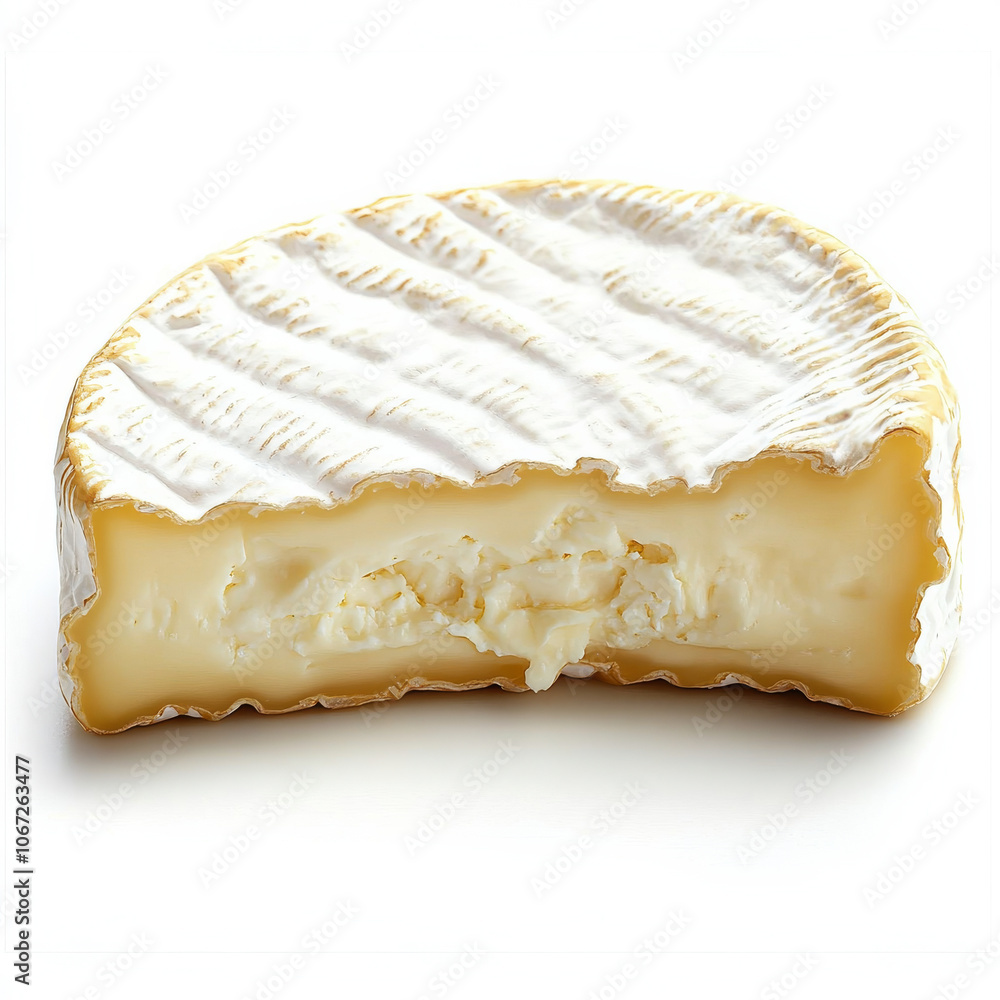 A soft wedge of Camembert cheese with a creamy interior and white rind, isolated on a white background for a gourmet appearance